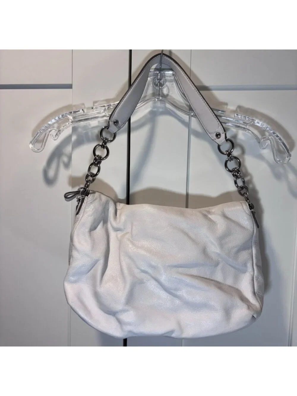 COACH 23346 White Leather Pebbled Shoulder Bag Hobo Purse Handbag Silver